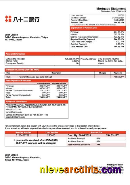 Japan Hachijuni Bank mortgage statement Word and PDF template